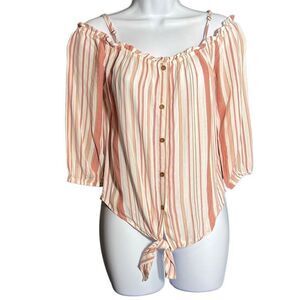 Love Culture Women's Off Shoulder Top Blouse Button Up Tie Orange Peach Small